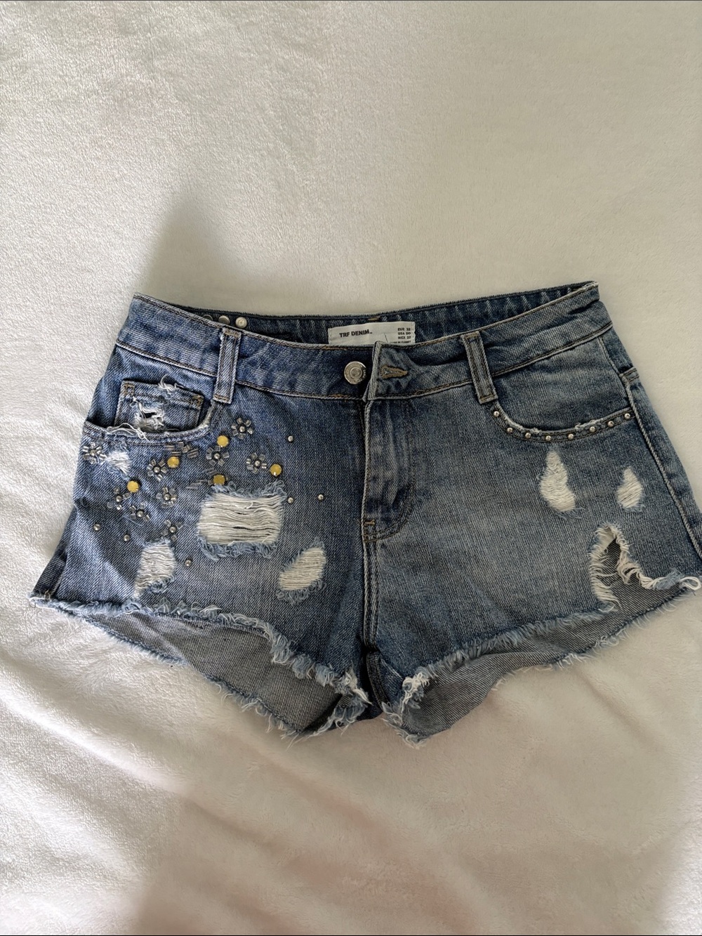 Zara Blue Distressed Denim Shorts with Stud Embellishments